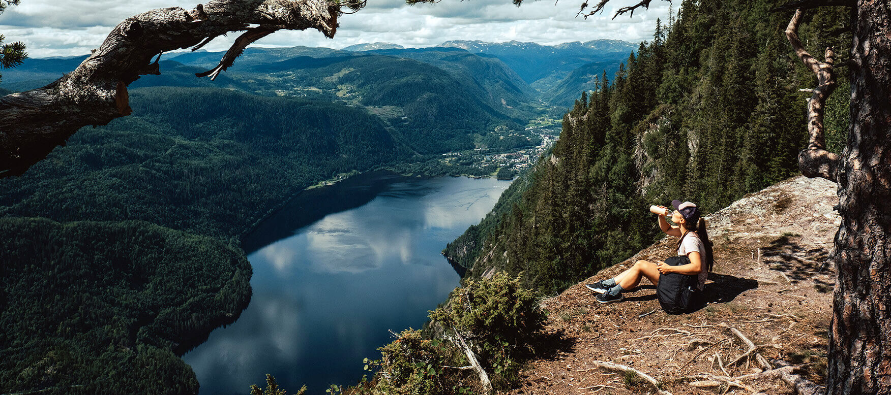 hiker in the forest with a view over a valley