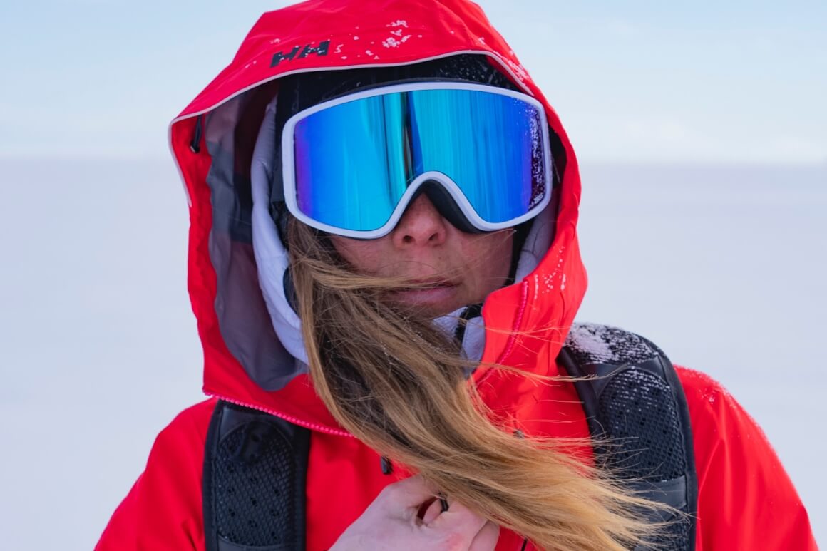 caroline cote bundled up in snow gear as storm comes in