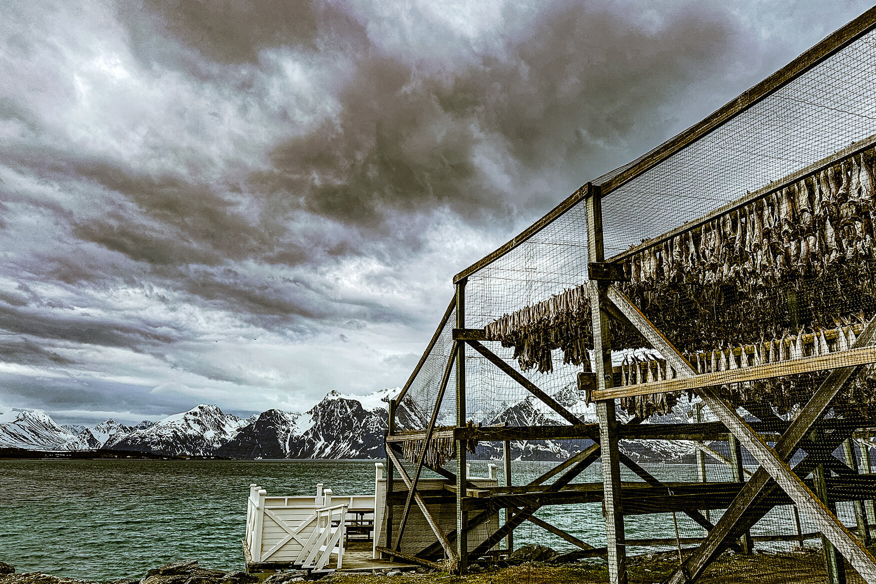 Havnnes Handelssted is located 630 km north of the Arctic Circle, and is Norway's northernmost preserved trading place that is still in operation. Here, they use traditional methods (dating back to the Viking age) to dry fish outdoors in the fresh ocean wind. The drying method is an effective way to preserve the fish's natural qualities. Drying fish at Havnnes Handelssted
