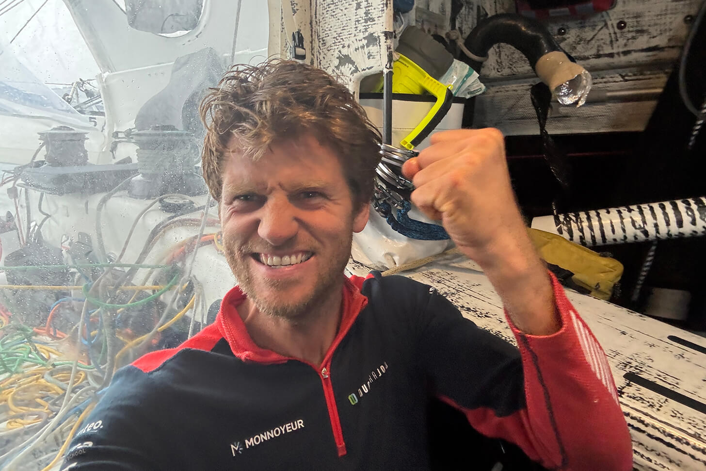 Sailor on board his boat during the Vendee Globe