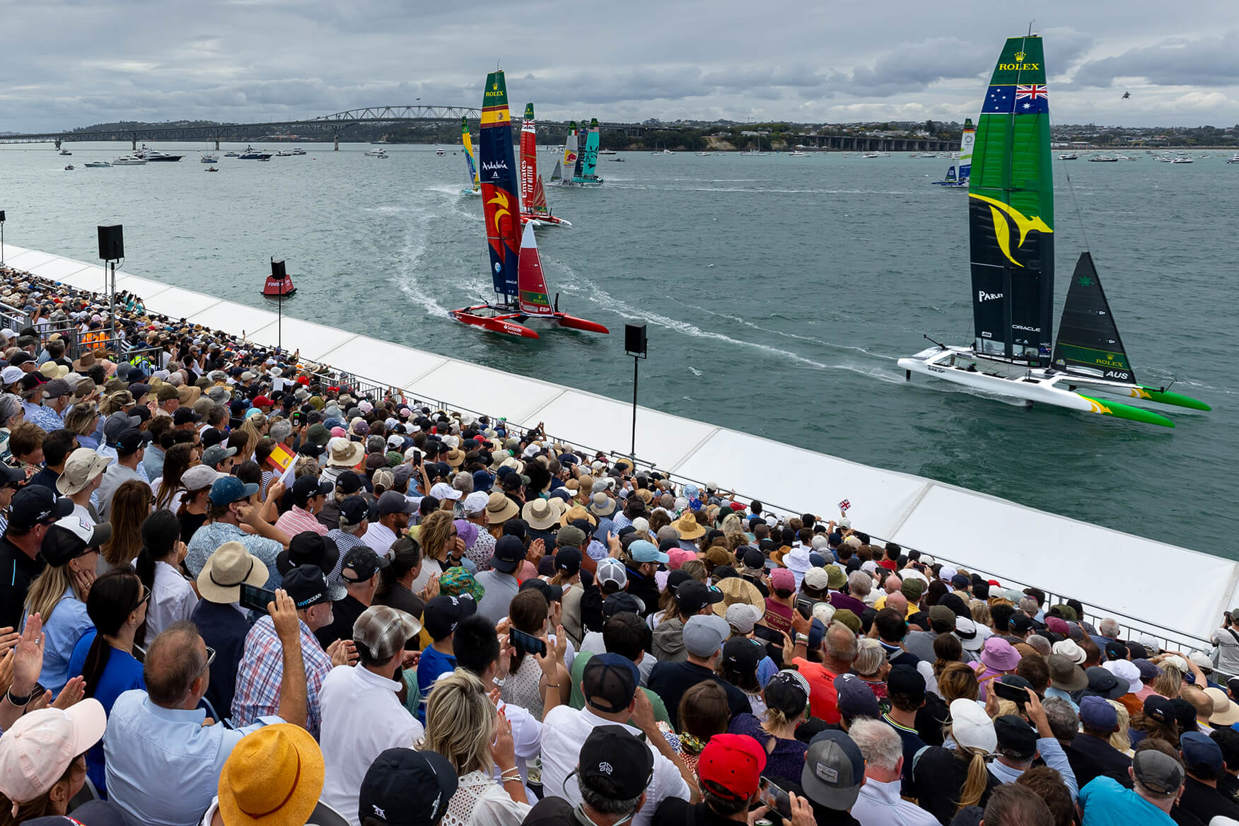 SailGP boats racing in Auckland, New Zealand.