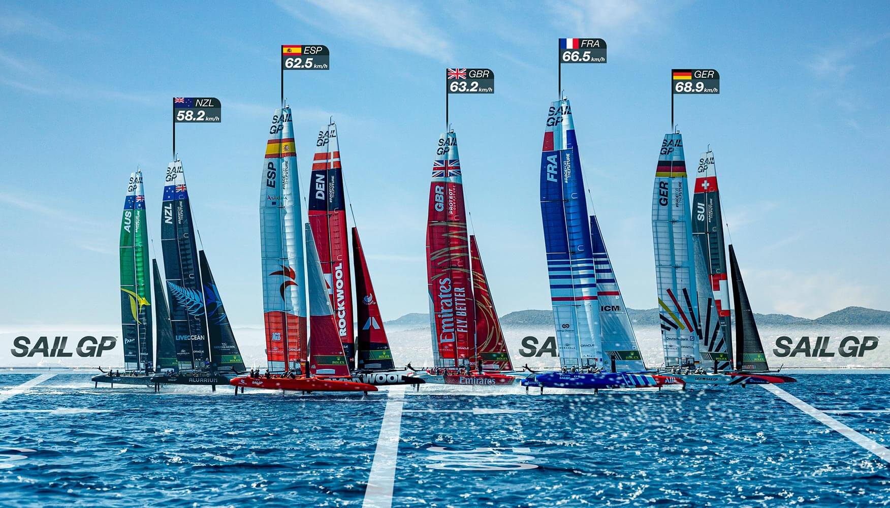 LiveLineFX graphic of The SailGP F50 catamaran fleet in action