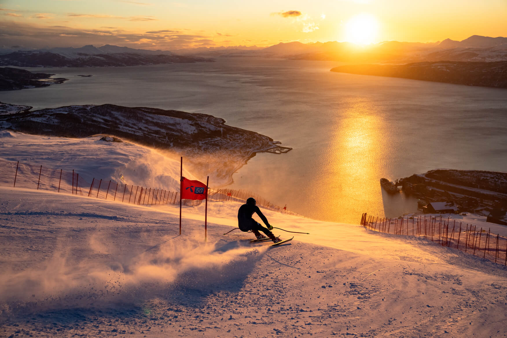 skiier at sunset