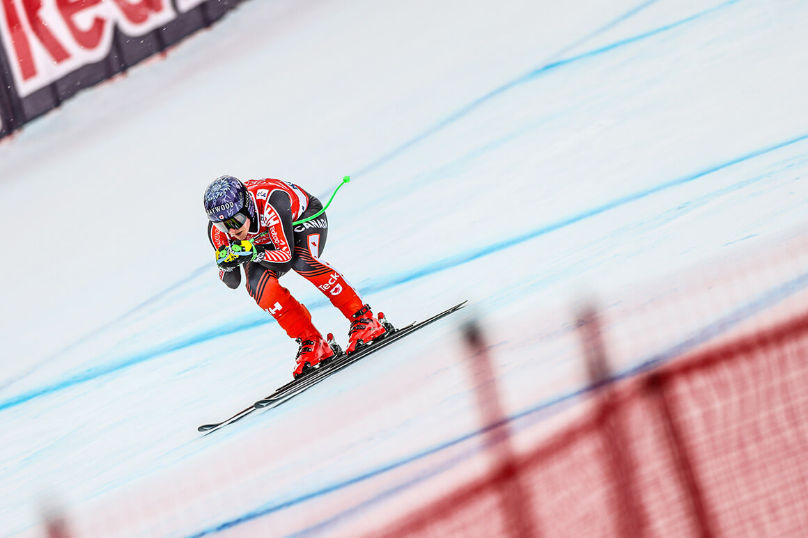Downhill skier at full speed