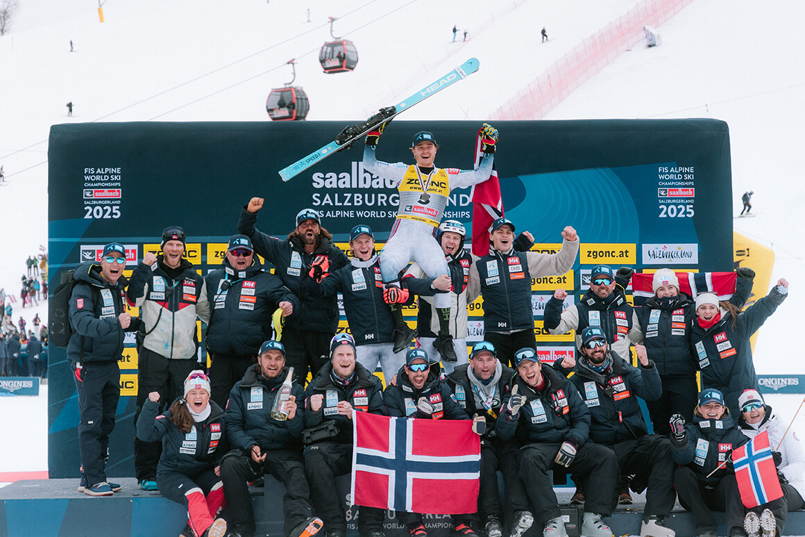 The Norwegian Alpine Ski Team celebrating Atle Lie McGrath