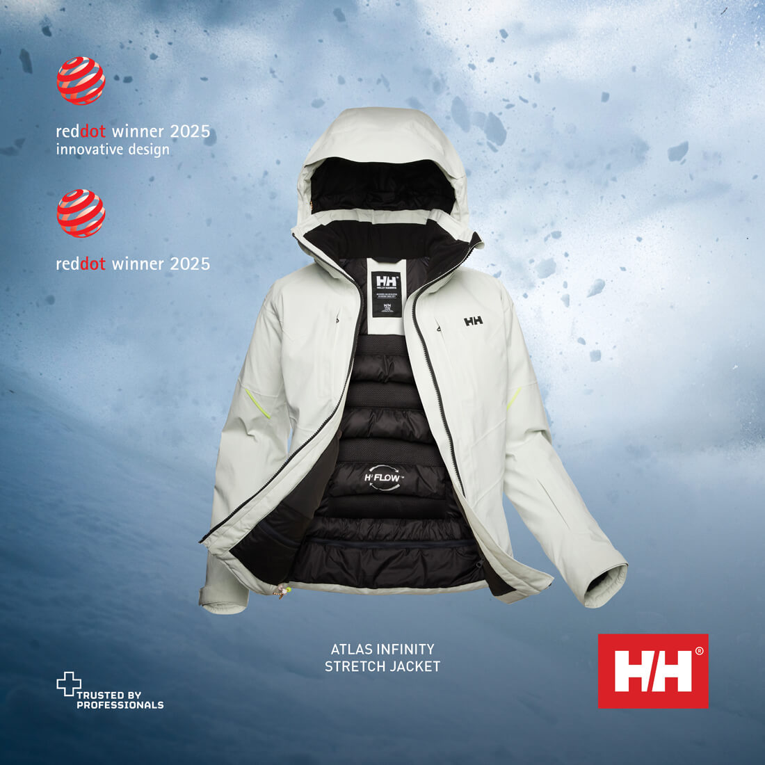 A white shell jacket against a snowy background