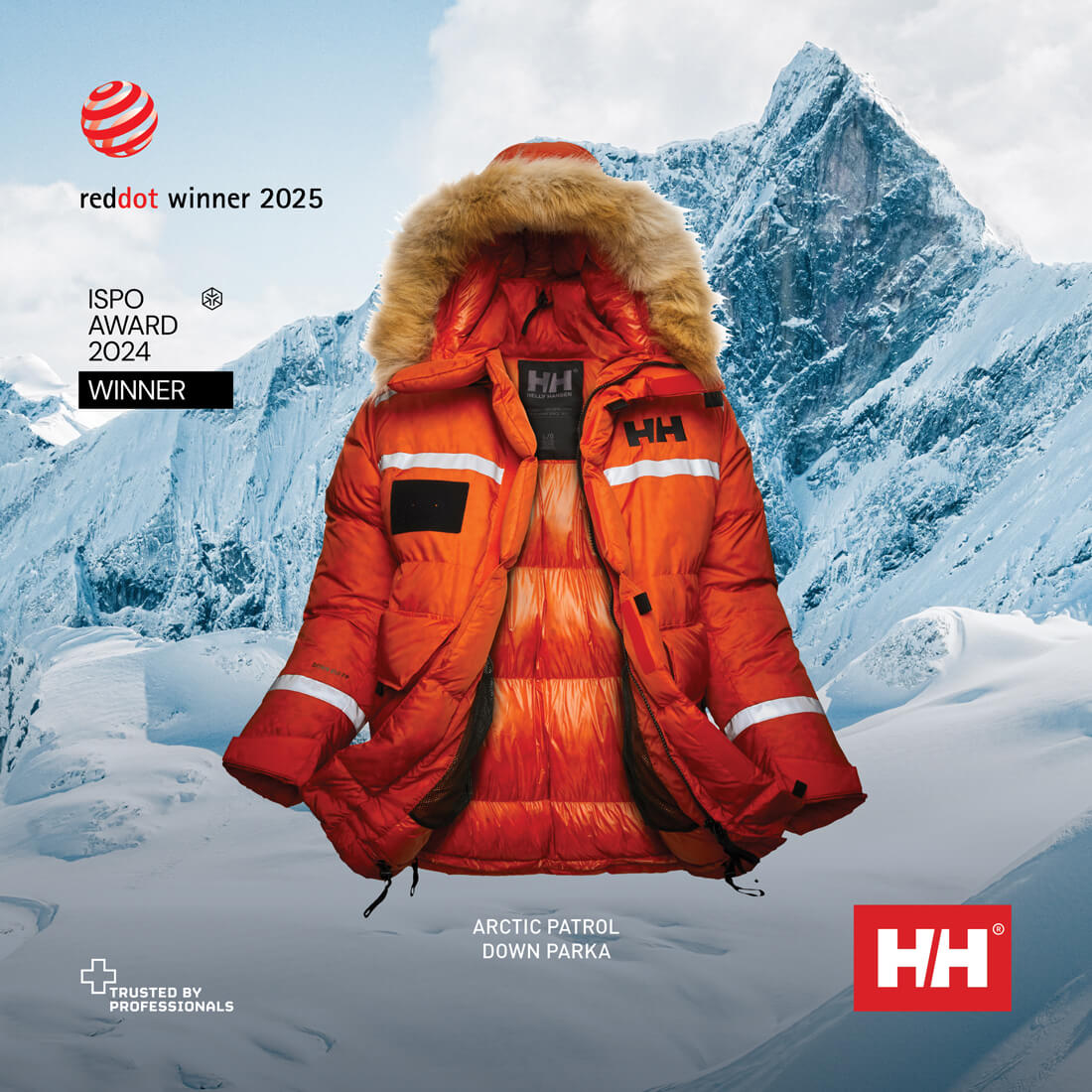 Red parka in front of an arctic landscape