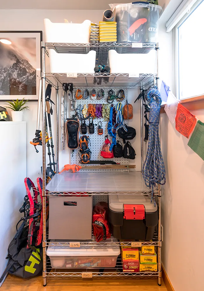 shelves with organised outdoor gear