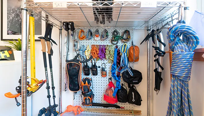 room with organised outdoor gear