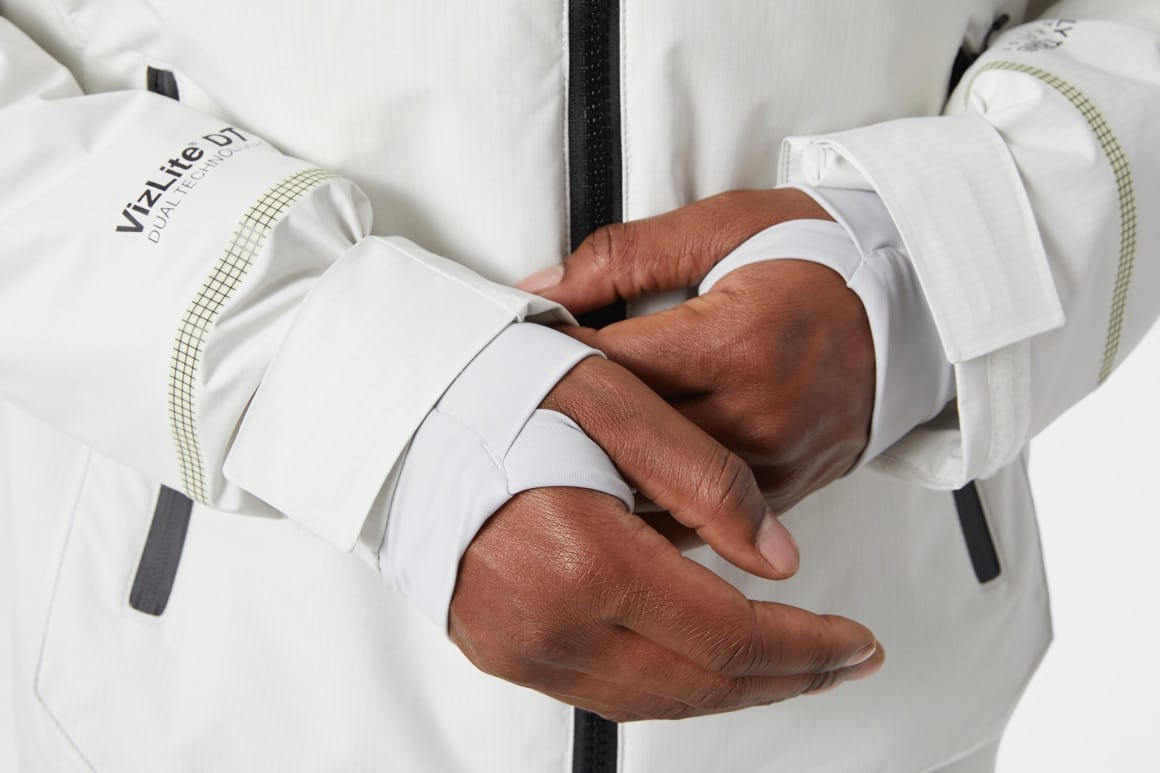 Lumines jacket featuring adjustable cuffs and wrist gaiters on hand to offer additional protection