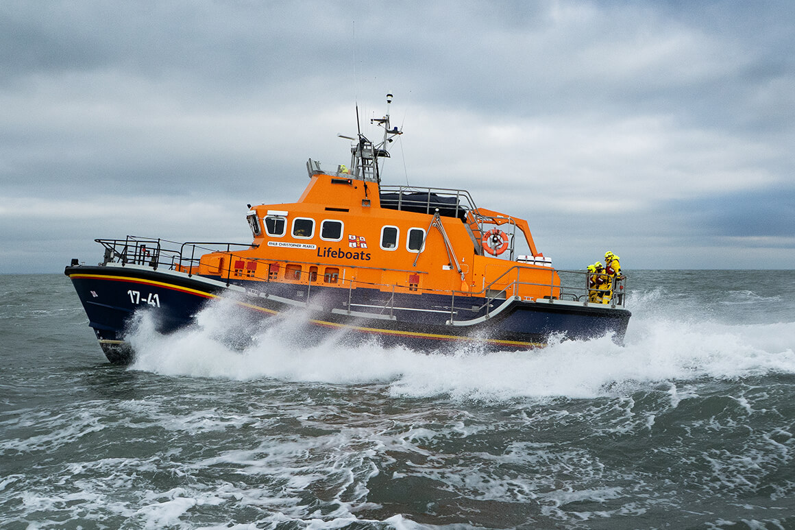 Severn class all-weather lifeboat Christopher Pearce 17-41 at sea off Anvil Point near Swanage.