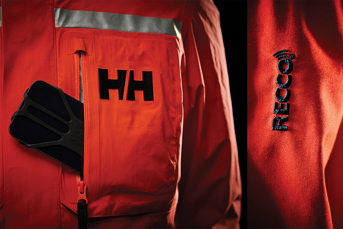 With both LIFEPOCKET™ and RECCO, the Arctic Patrol Modular Parka 2.0 aims to keep you safe in harsh Arctic climates closeup of recco and lifepocket technologies on the jacket
