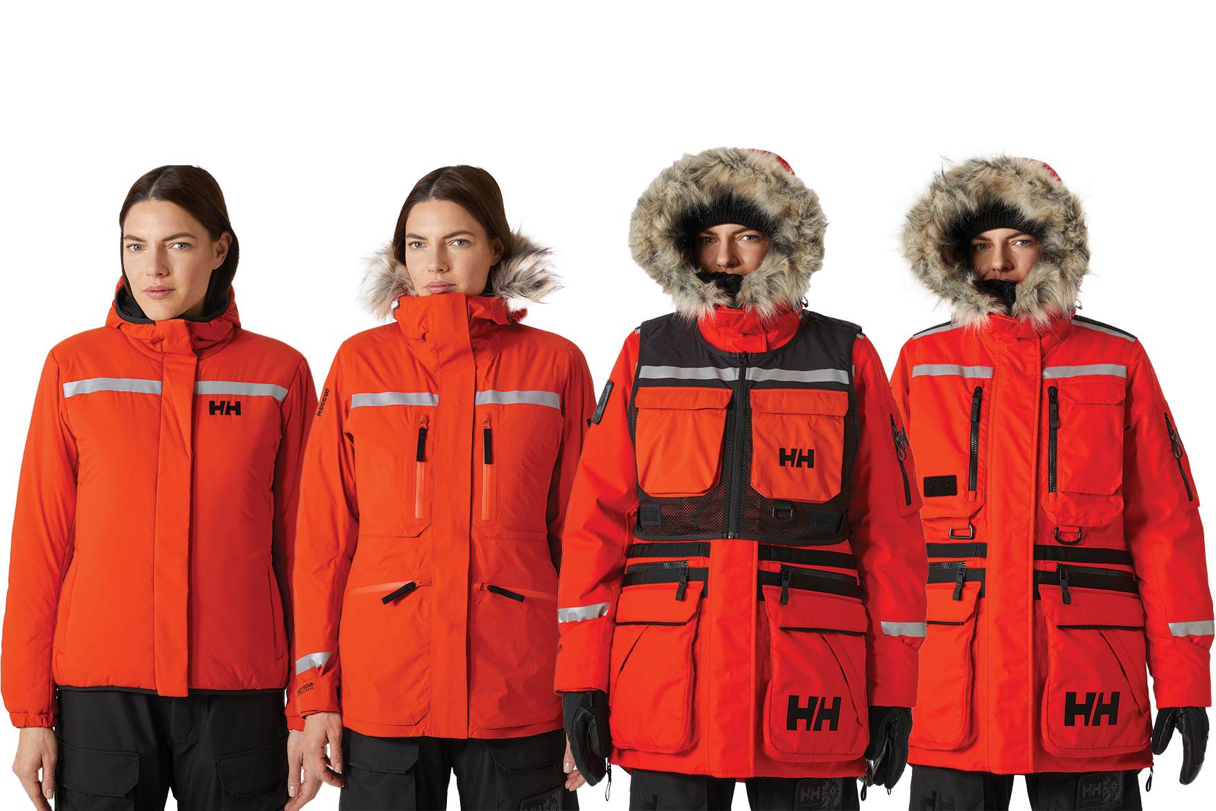 The Arctic Patrol Modular Parka 2.0 comprises 4 layers, which can be worn together as stand-alone the 4 layers of the jacket shown on a woman